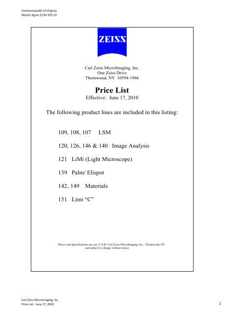 Carl Zeiss Price List - Commonwealth of Virginia