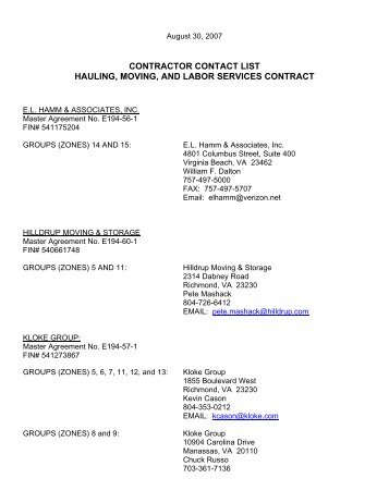 contractor contact list hauling, moving, and labor services contract