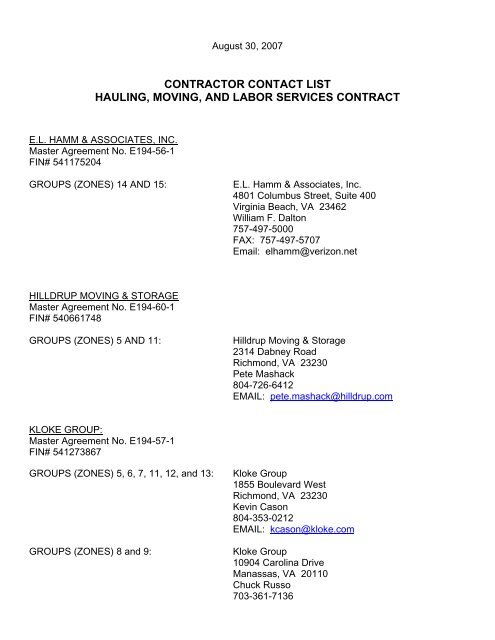 contractor contact list hauling, moving, and labor services contract