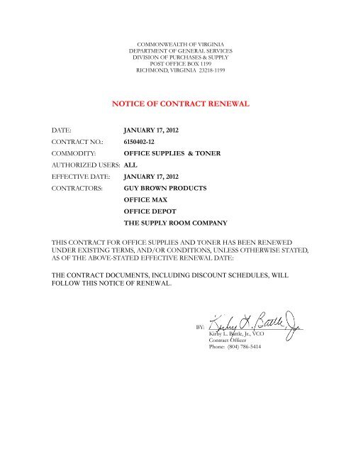 notice of contract renewal - Division of Purchases and Supply ...