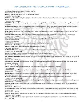 ABSOLWENCI INSTYTUTU GEOLOGII UAM – ROCZNIK 2001