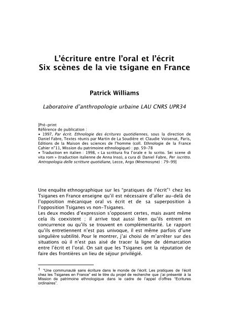 L'écriture entre l'oral et l'écrit Six scènes de la vie tsigane en ... - HAL