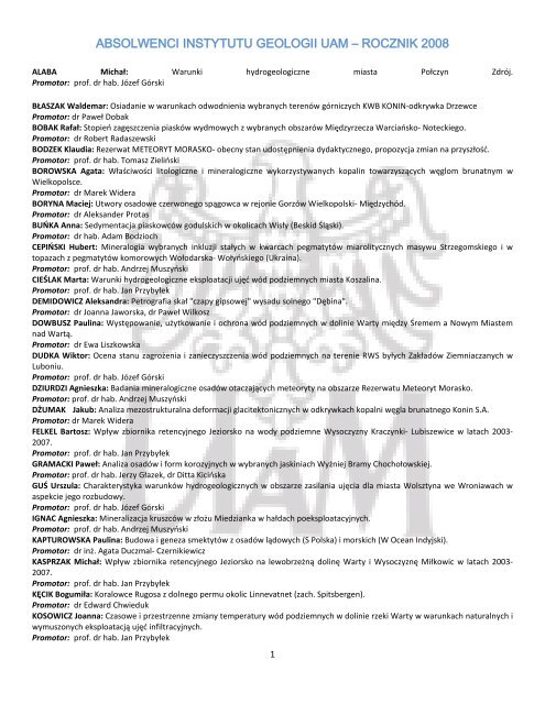 ABSOLWENCI INSTYTUTU GEOLOGII UAM – ROCZNIK 2008