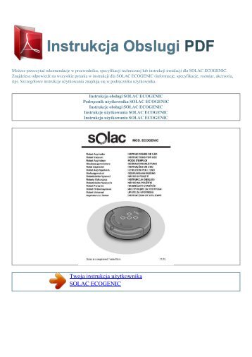 Instrukcja obsługi SOLAC ECOGENIC - INSTRUKCJA OBSLUGI PDF
