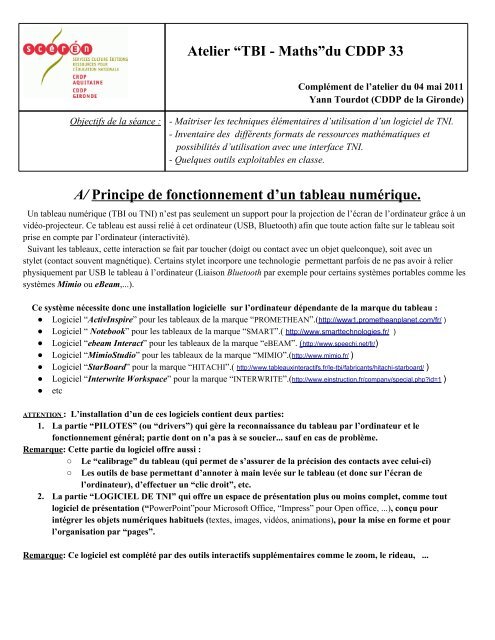 Atelier “TBI - Maths”du CDDP 33 A/ Principe de fonctionnement d'un ...