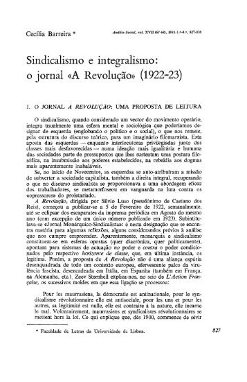 Sindicalismo e integralismo - Análise Social - Universidade de Lisboa