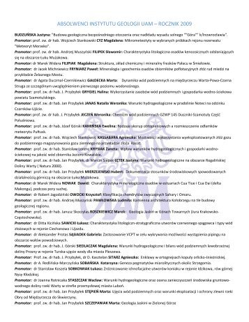 ABSOLWENCI INSTYTUTU GEOLOGII UAM – ROCZNIK 2009