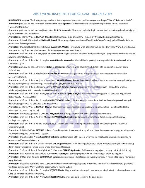 ABSOLWENCI INSTYTUTU GEOLOGII UAM – ROCZNIK 2009