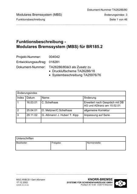 Funktionsbeschreibung - Modulares Bremssystem (MBS) für BR185.2