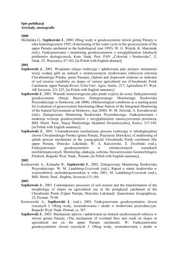 Spis publikacji Artykuły, monografie 2000 Michalska G., Szpikowski ...