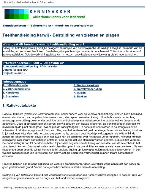 Kennisakker - Teelthandleiding karwij - Ziekten en plagen