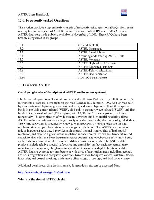 ASTER User's Guide - Aster - NASA