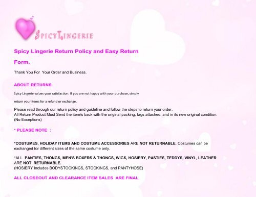 Spicy Lingerie Return Policy and Easy Return Form.
