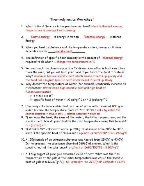 Thermodynamics Worksheet