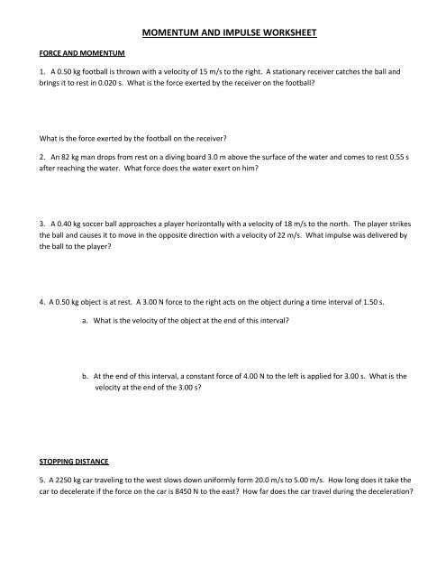 MOMENTUM AND IMPULSE WORKSHEET