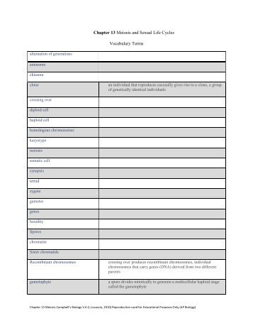 Chapter 13 Meiosis and Sexual Life Cycles Vocabulary Terms