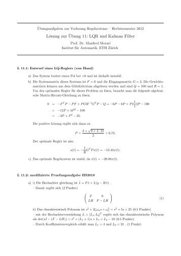 Lösung zur ¨Ubung 11: LQR und Kalman Filter - ETH Zürich