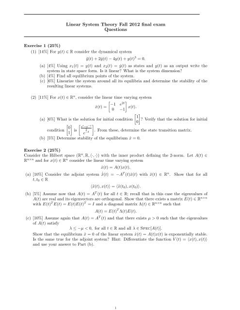 Linear System Theory Fall 2012 Final Exam Questions