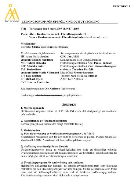 Protokoll över ledningsgruppens möte 8.3.2007