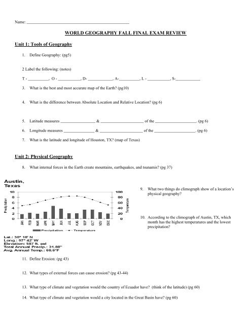 WORLD GEOGRAPHY FALL FINAL EXAM REVIEW Unit 1: Tools of ...