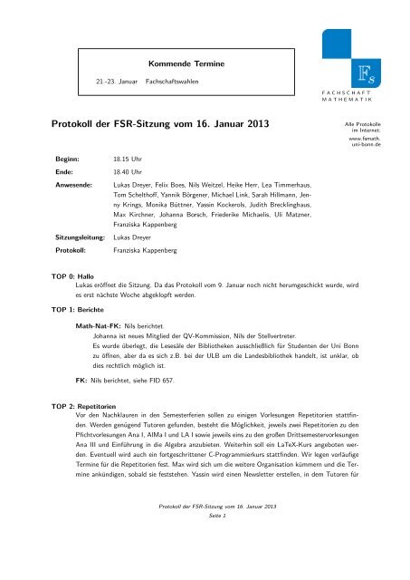 Protokoll der FSR-Sitzung vom 16. Januar 2013 - Fachschaft ...