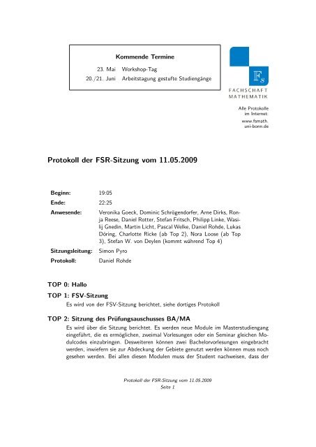 Protokoll der FSR-Sitzung vom 11.05.2009 - Fachschaft Mathematik ...
