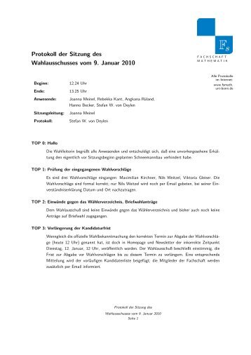 Protokoll der Sitzung des Wahlausschusses vom 9. Januar 2010