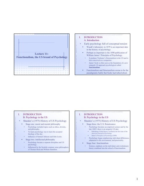 Lecture 11: Functionalism, the US brand of Psychology