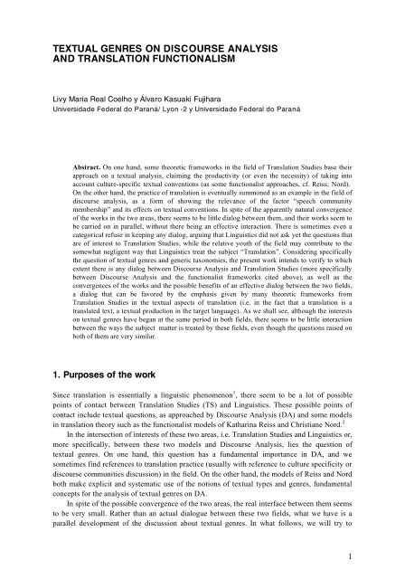 textual genres on discourse analysis and translation discourse analysis