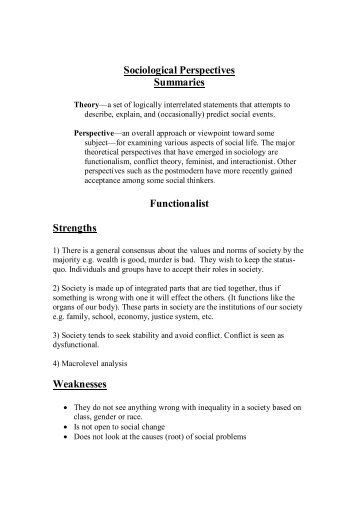 Sociological Perspectives Summaries Functionalist Strengths ...