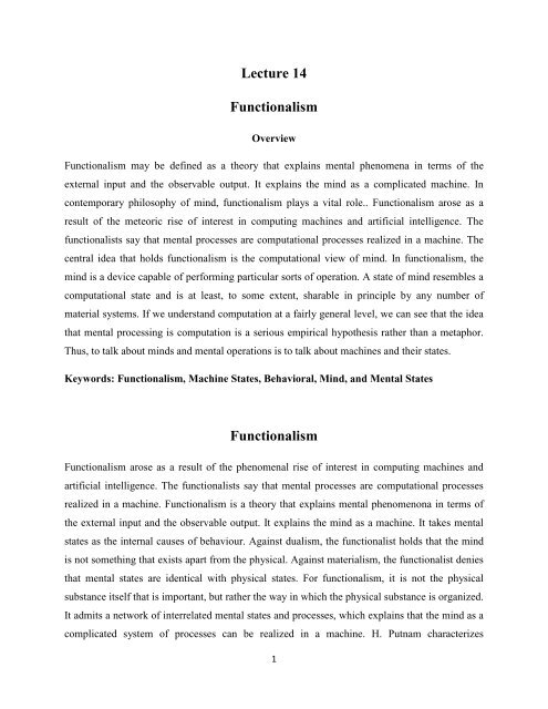 Lecture 14 Functionalism Functionalism - nptel