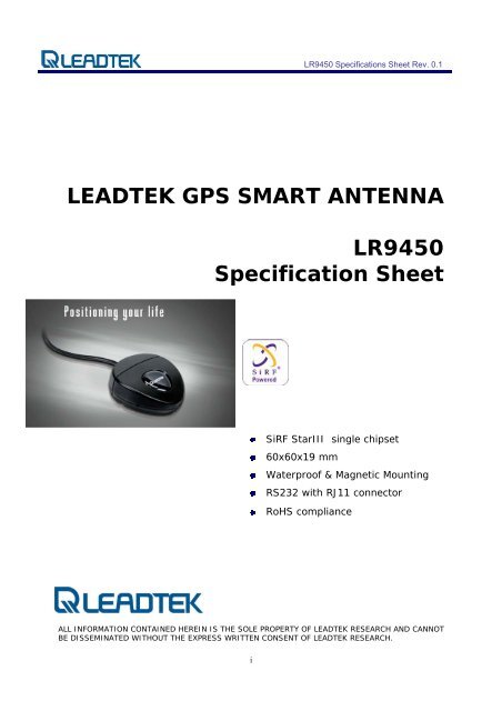 LEADTEK GPS SMART ANTENNA LR9450 Specification Sheet