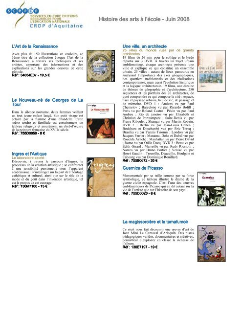 Histoire des arts à l'école - Juin 2008 - CRDP Aquitaine