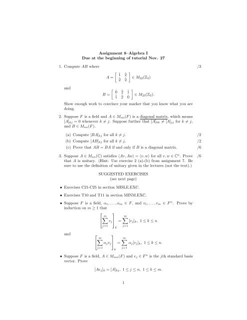 Assignment 8–Algebra I Due at the beginning of tutorial Nov. 27 1 ...