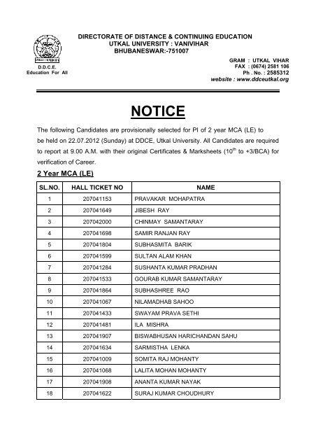 NOTICE DDCE Utkal University Bhubaneswar NOTICE DDCE Utkal University Bhubaneswar