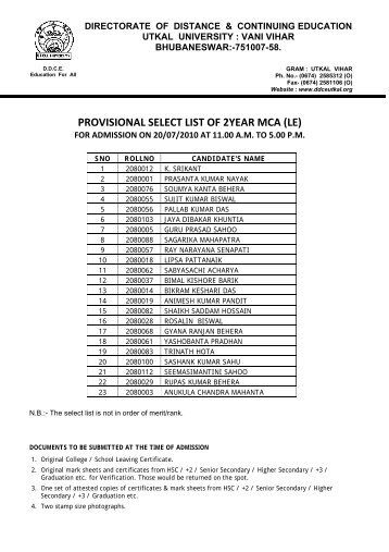 provisional select list of 2year mca (le) - DDCE, Utkal University ...