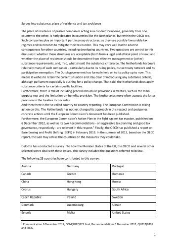 1 Survey into substance, place of residence and tax avoidance The ...