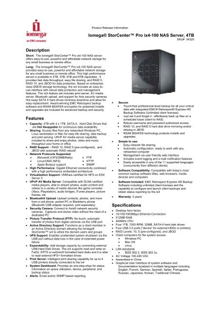 Iomega® StorCenter™ Pro ix4-100 NAS Server, 4TB Description ...