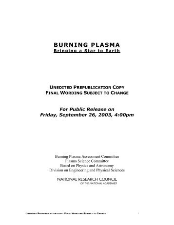 BURNING PLASMA - The FIRE Place - Princeton Plasma Physics ...