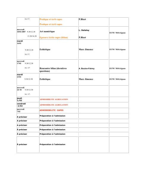 Calendrier des cours 2006/2007 - Arts Plastiques de l'Académie de ...