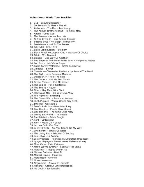 guitar hero world tour track list