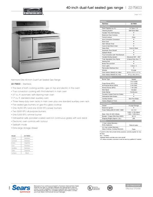 40-inch dual-fuel sealed gas range | 22-75603 - Sears