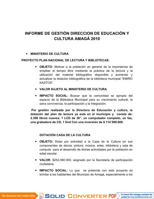 informe de gestión direccion de educación y cultura amagá 2010