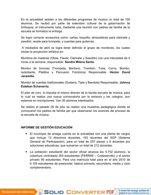 informe de gestión direccion de educación y cultura amagá 2010