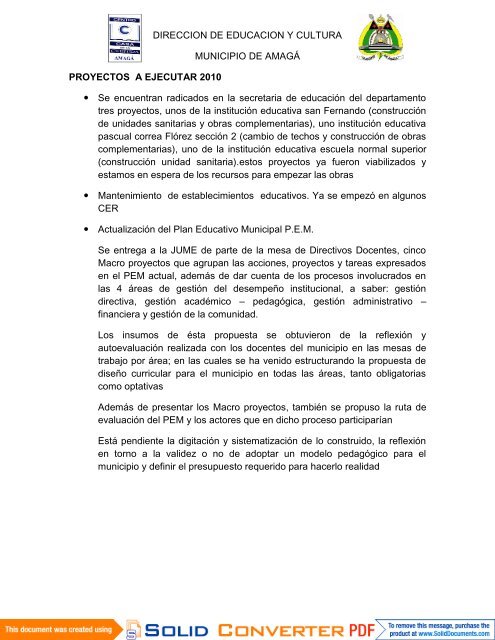 informe de gestión direccion de educación y cultura amagá 2010