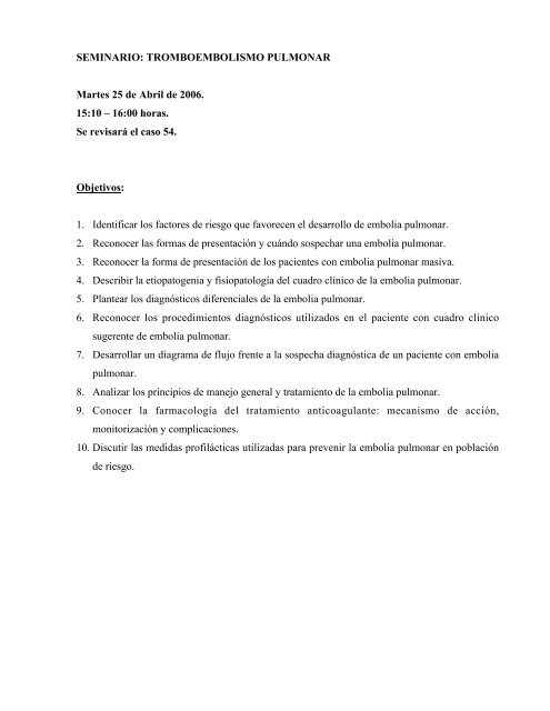 SEMINARIO: TROMBOEMBOLISMO PULMONAR Martes 25 de Abril ...