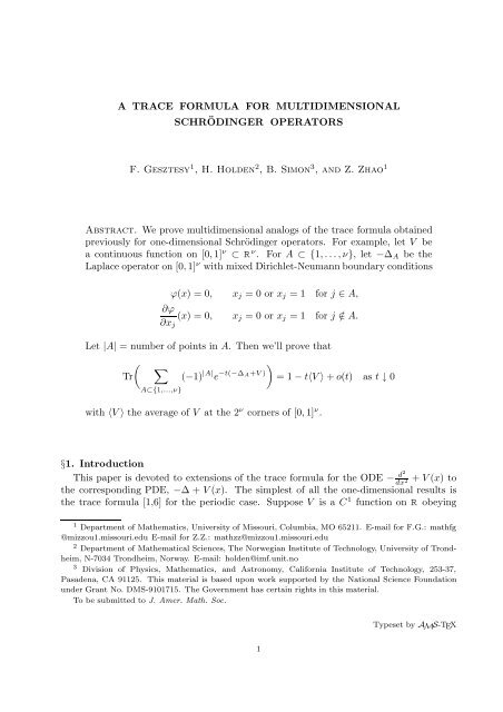 A Trace Formula For Multidimensional Schr Odinger