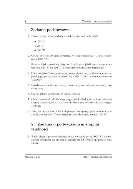 Przykadowe zadania na sprawdzian z termodynamiki dla klas trzecich