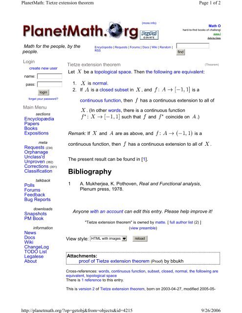 Statement and Proof of the Tietze Extension Theorem Statement and Proof of the Tietze Extension Theorem