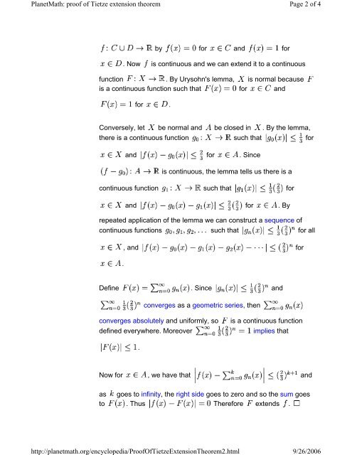 Statement and Proof of the Tietze Extension Theorem